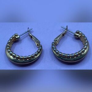 Gold Tone Beaded Hoop Earrings Silver Accent Textured Huggie Women's Vintage